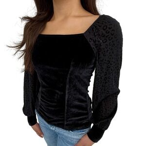 Ember Black Velvet Sheer Leopard Long Sleeve Blouse Top Sz S Smocked Back Witchy